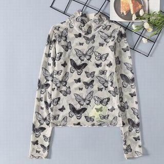 Long-sleeve Butterfly Printed Sheer Top