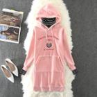 Mock Two-piece Letter Embroidered Mini Velvet Hoodie Dress