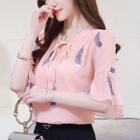 Feather Embroidered Flared Sleeve Chiffon Blouse