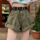 Set: Faux Leather Belt + High Waist Denim Shorts