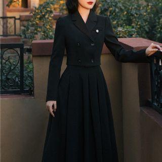 Set: Double-breasted Cropped Blazer + Spaghetti Strap Midi A-line Skirt