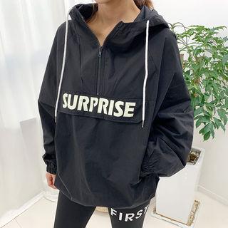 Hooded Zip-front Letter Print Top