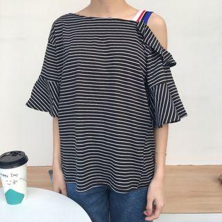 Striped Off-shoulder Bell-sleeve Loose-fit Top