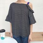 Striped Off-shoulder Bell-sleeve Loose-fit Top