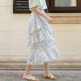 Printed A-line Midi Tiered Skirt White - One Size