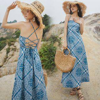 Spaghetti-strap Cross-back Patterned Maxi A-line Dress