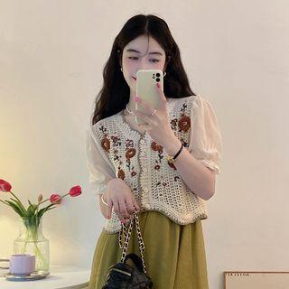 Short-sleeve Floral Knit Panel Top Almond - One Size