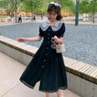 Puff-sleeve Peter Pan-collar Dotted Panel Lace-up Dress