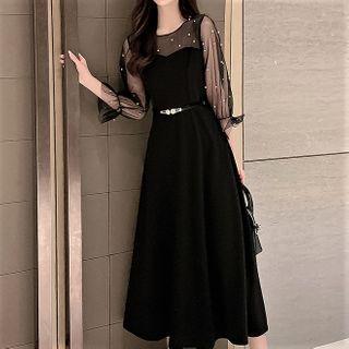 3/4-sleeve Mesh Panel Midi Dress