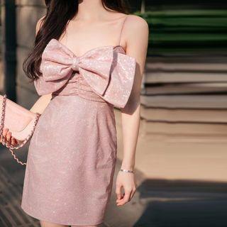 Spaghetti Strap Bow Glitter Mini Shift Dress
