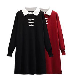 Long-sleeve Collared Frog-buttoned Knit A-line Dress