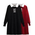 Long-sleeve Collared Frog-buttoned Knit A-line Dress