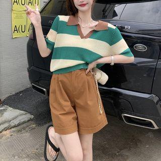 Short-sleeve Striped V-neck Polo Knit Top / Shorts