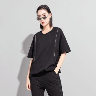 Elbow-sleeve Zip T-shirt Black - One Size