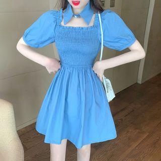 Set: Puff-sleeve A-line Dress + Bow