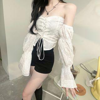Off-shoulder Lace Up Eyelet Lace Blouse White - One Size