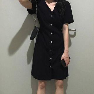 Short-sleeve V-neck Button Mini A-line Dress Black - One Size