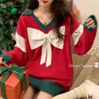 V-neck Bow Color Block Sweater