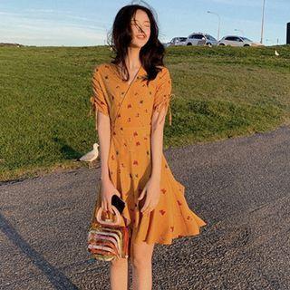 Short-sleeve V-neck Fruit Printed Lace-up Dress