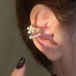 Flower Rhinestone Faux Pearl Alloy Earring 1 Pc - Gold - One Size