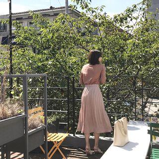 Elasticized-waist Pleated Long Chiffon Skirt Beige - One Size
