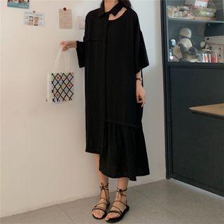3/4-sleeve Asymmetric Cutout Collared Midi A-line Dress