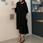 3/4-sleeve Asymmetric Cutout Collared Midi A-line Dress