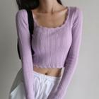 Plain Perforated Square-neck Long-sleeve Knit Top