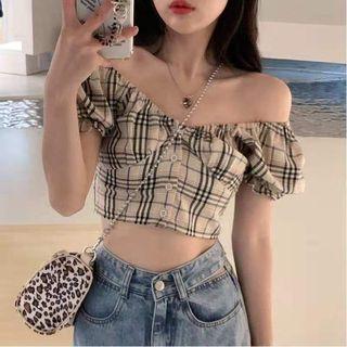 Short-sleeve Cropped Plaid Blouse Plaid - Khaki - One Size