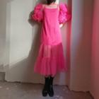 Puff-sleeve Mesh Maxi A-line Dress