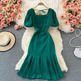 Puff Sleeve Square Neck Plain Mermaid Dress