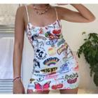 Spaghetti Strap Lace-trim Printed Mini Bodycon Dress
