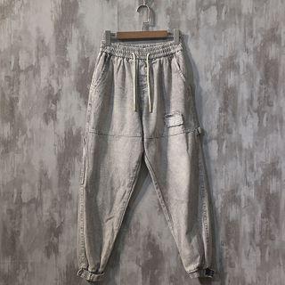 Drawstring-waist Washed Denim Sweat Pants