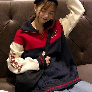 Half Zip Color Block Pullover As Shown In Figure - One Size