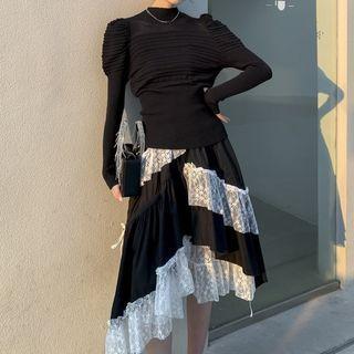Puff-sleeve Knit Top / Lace Panel Asymmetrical Midi A-line Skirt