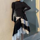 Puff-sleeve Knit Top / Lace Panel Asymmetrical Midi A-line Skirt