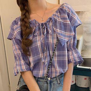 Peter Pan Collar Ruffle Plaid Shirt