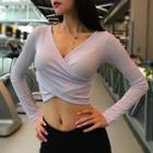 Plain V-neck Cropped Long-sleeve Top