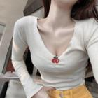 V-neck Long-sleeve Top Gray - One Size
