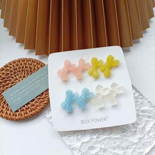 4 Pair Set: Bow Resin Earring Set Of 4 Pairs - Silver Needle Earrings - Pink & Yellow & Blue & White - One Size