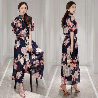 Set: Cutout Shoulder Short-sleeve Top + Wide-leg Pants