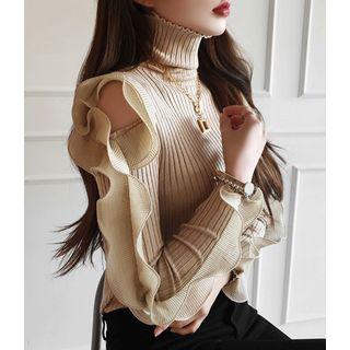 Turtle-neck Cutaway-shoulder Ruffle-trim Top