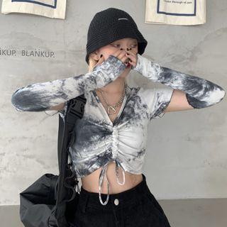 Set: Short-sleeve Tie-dyed Drawstring T-shirt + Arm Sleeves
