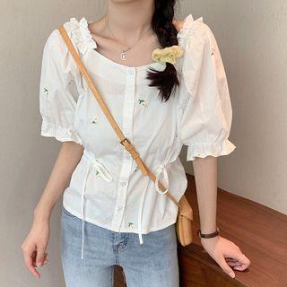 Puff-sleeve Floral Embroidered Buttoned Top