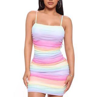 Spaghetti-strap Square-neck Colour-block Mini Bodycon Dress