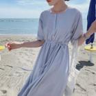 Elbow-sleeve Midi A-line Linen Dress