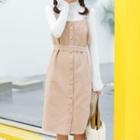Flower Embroidered Corduroy Pinafore Dress