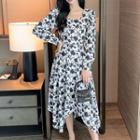 Long-sleeve Floral Print Irregular Midi A-line Dress