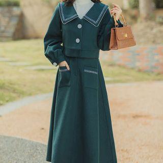 Set: Long-sleeve Sailor Collar Top + Midi A-line Skirt