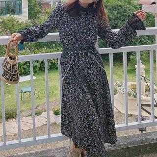 Floral Round-neck Slim-cut Medium Long Dress